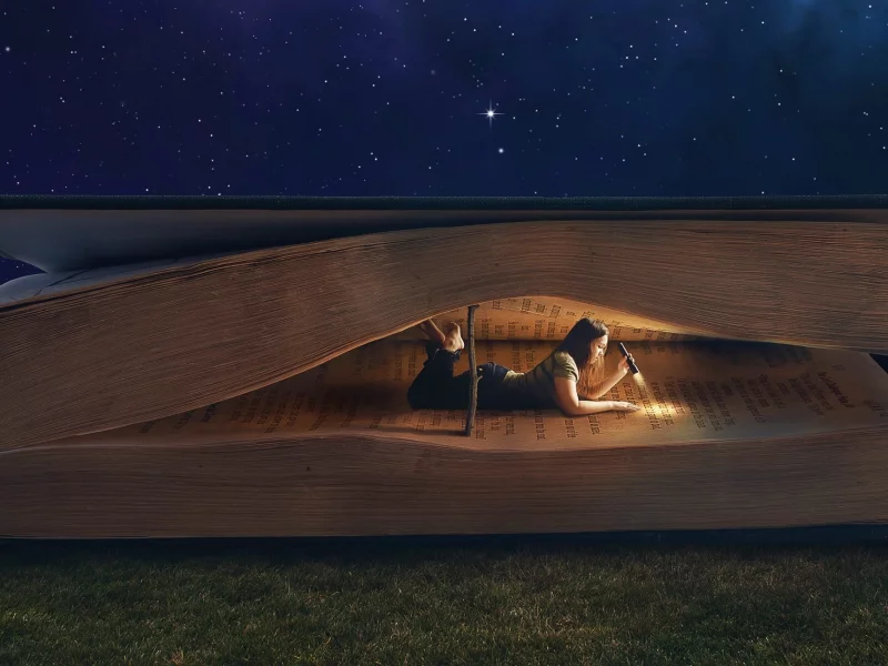 Девушка, фонарь, чтение, лежа, коллаж, книга, темно