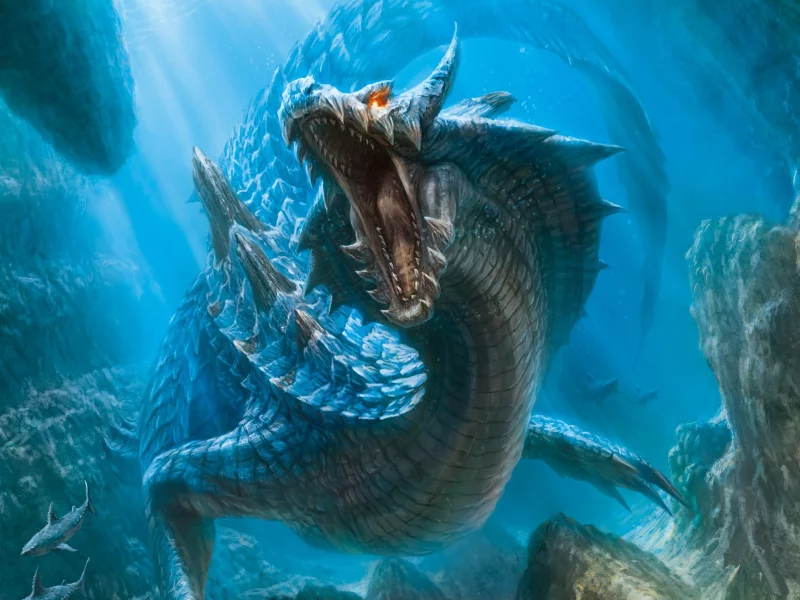 акулы, дракон, свет, подводный мир, дно, Monster hunter, пасть