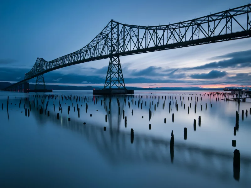 blue sky, clouds, сша, state, reflection, river, oregon, evening, sunset, bridge, Usa