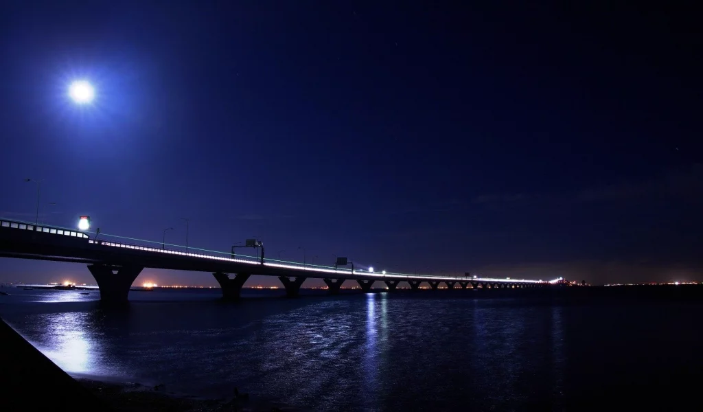 river, свет, Город, water, moon, огни, луна, bridge, мост, light, ночь