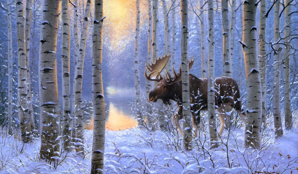 животные, лес, on the move, живопись, снег, зима, лось, Derk hansen