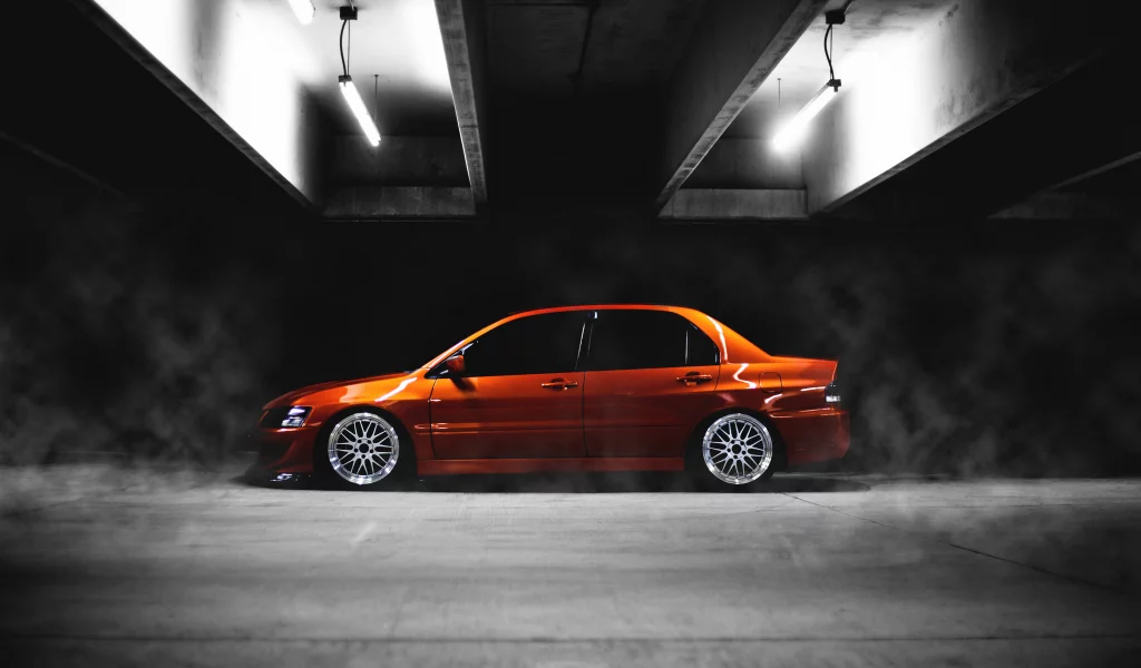 lancer, orange, Mitshubishi, сбоку, low, evo, evolution, ix, тюнинг