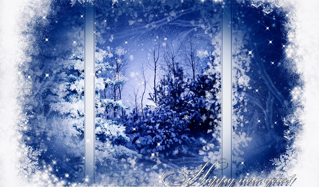 снежинки, деревья, елка, окно, зима, снег, Happy new year, узор
