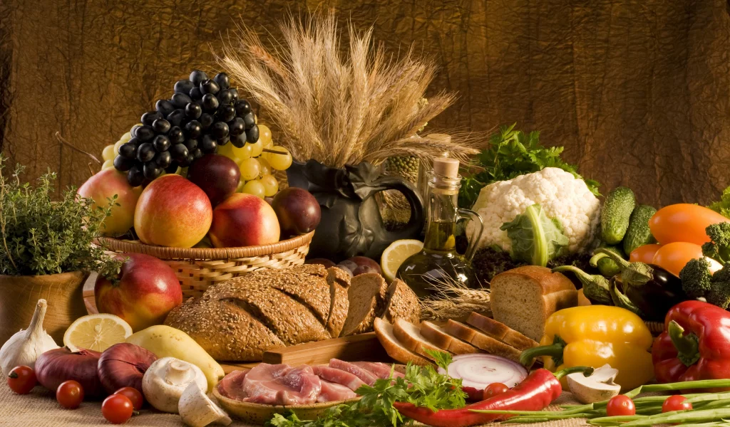 чеснок, огурцы, Еда, хлеб, лук, мясо, овощи, перец