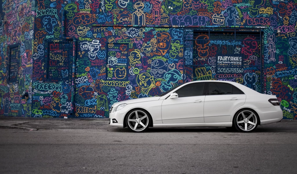 тонировка, белый, тюнинг, сбоку, Mercedes, e class, граффити
