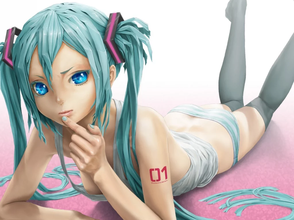 девушка, трусики, hatsune miku, голубые глаза, лёжа, Вокалоид