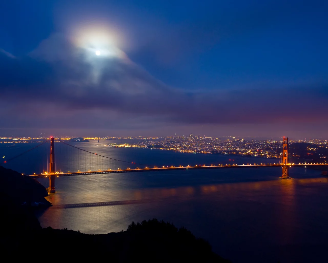 san francisco, мост, облака, луна, Golden gate