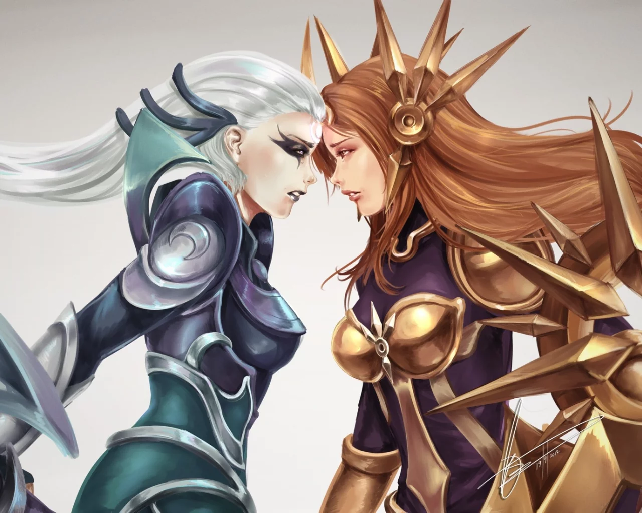 лицом к лицу, diana, leona, Арт, броня, league of legends, девушки