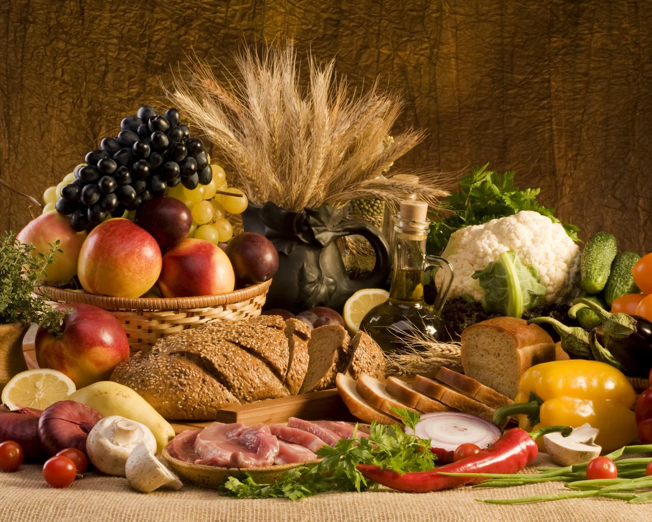 чеснок, огурцы, Еда, хлеб, лук, мясо, овощи, перец