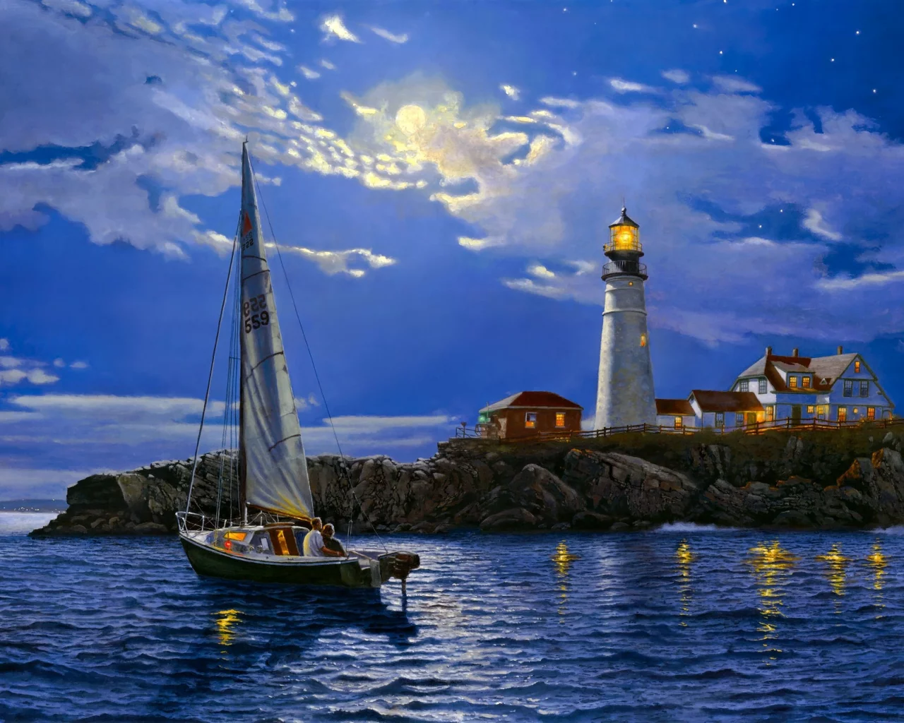 арт, море, пейзаж, serenity, Dave barnhouse, маяк, яхта