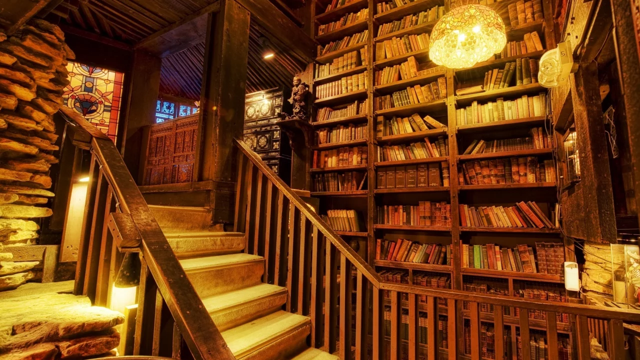 светильники, витраж, книги, лестница, Библиотека