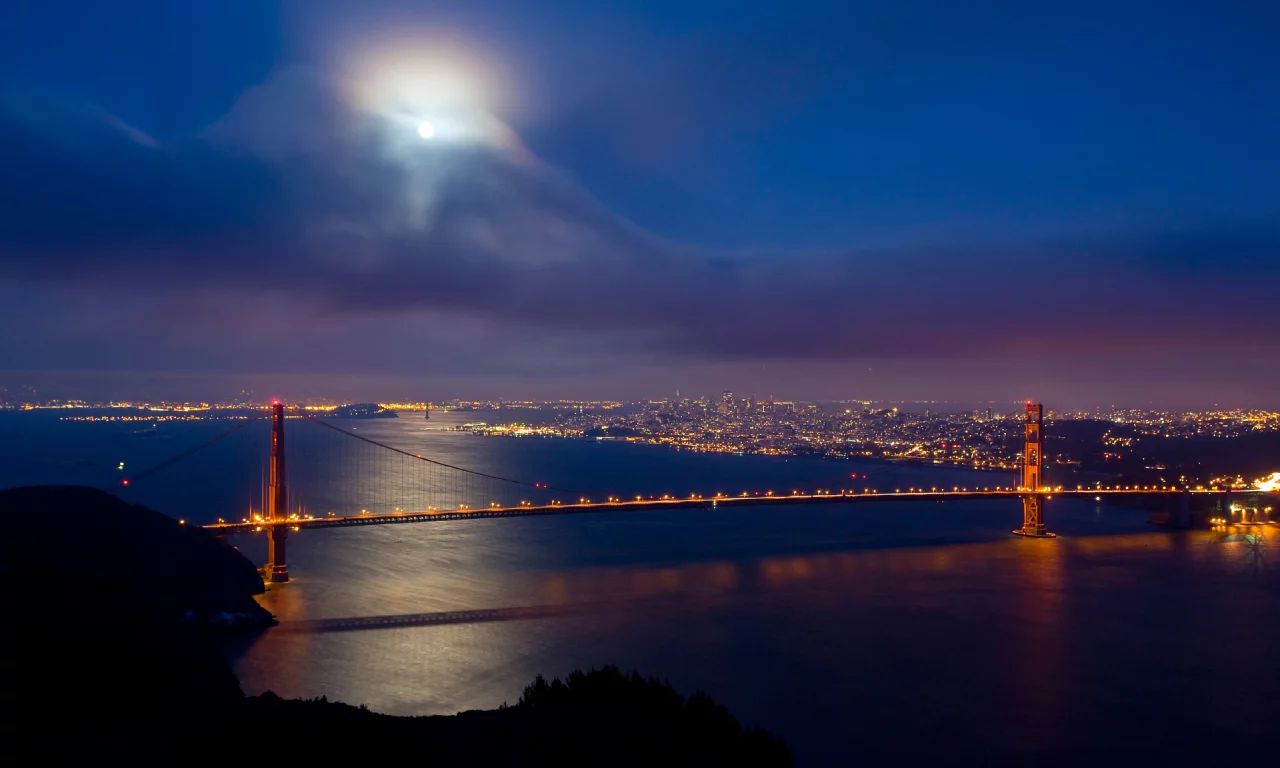 san francisco, мост, облака, луна, Golden gate