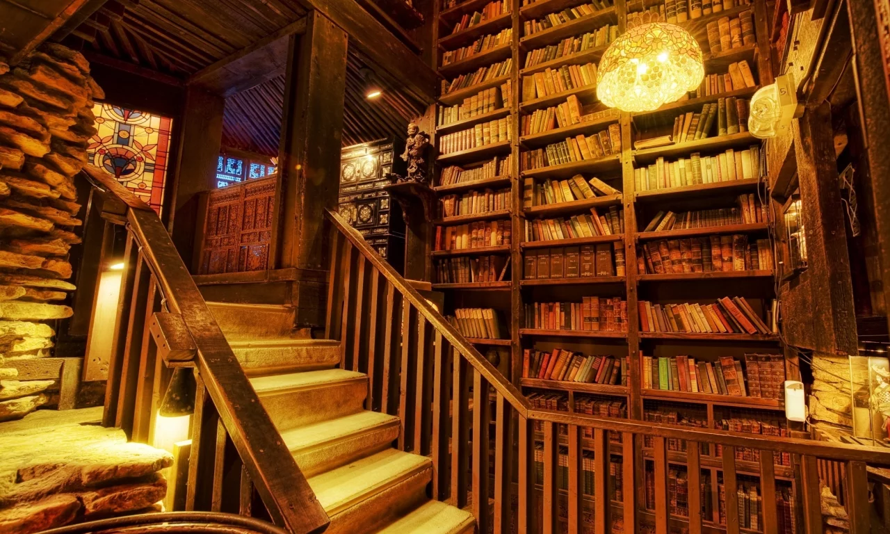 светильники, витраж, книги, лестница, Библиотека