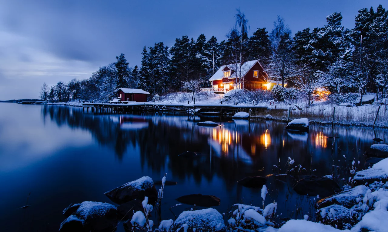 вода, Stockholm, зима, снег, дом, sweden, лес, отражение, деревья