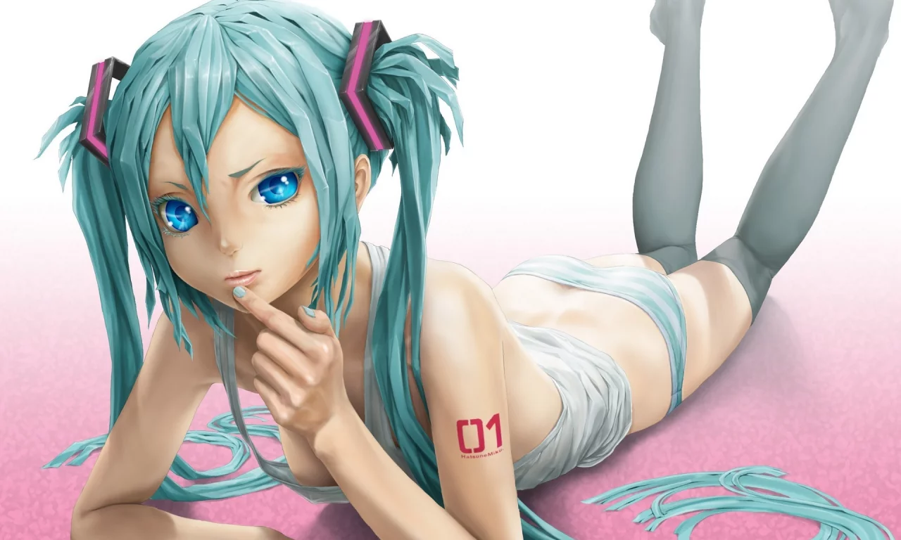 девушка, трусики, hatsune miku, голубые глаза, лёжа, Вокалоид