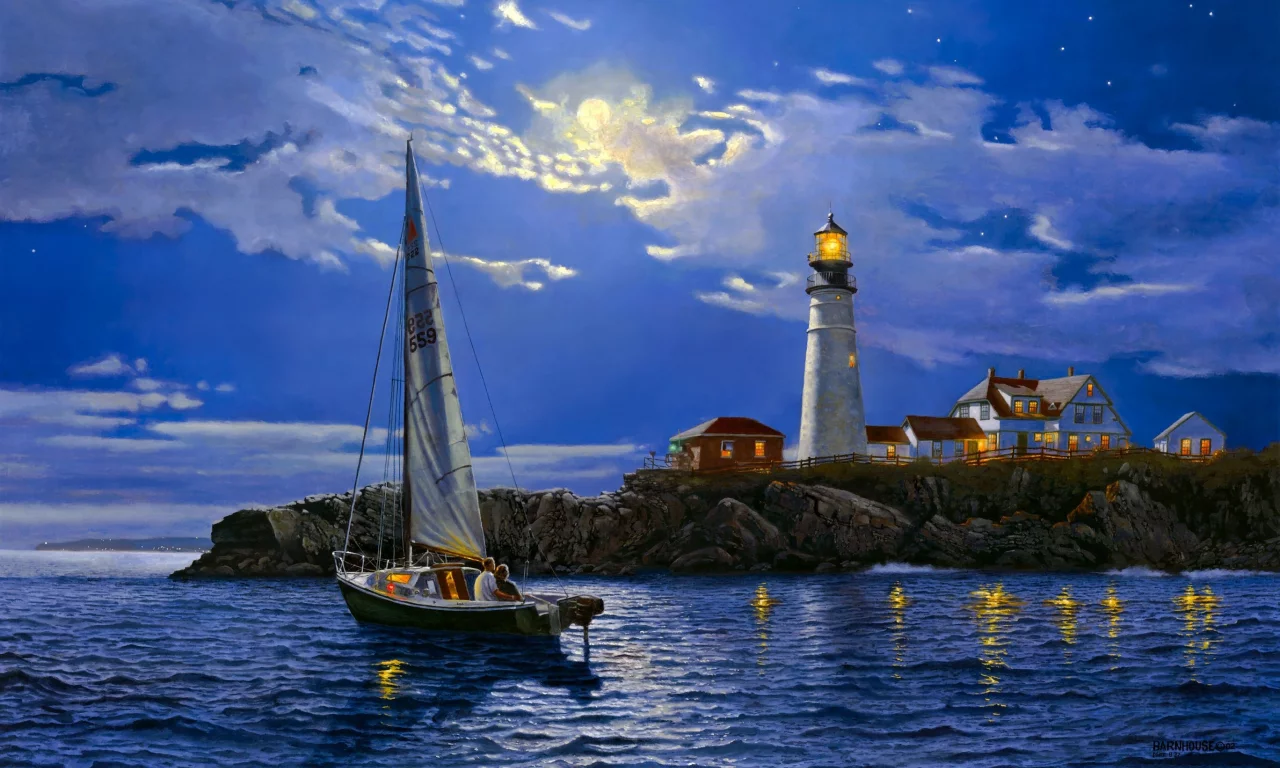 арт, море, пейзаж, serenity, Dave barnhouse, маяк, яхта