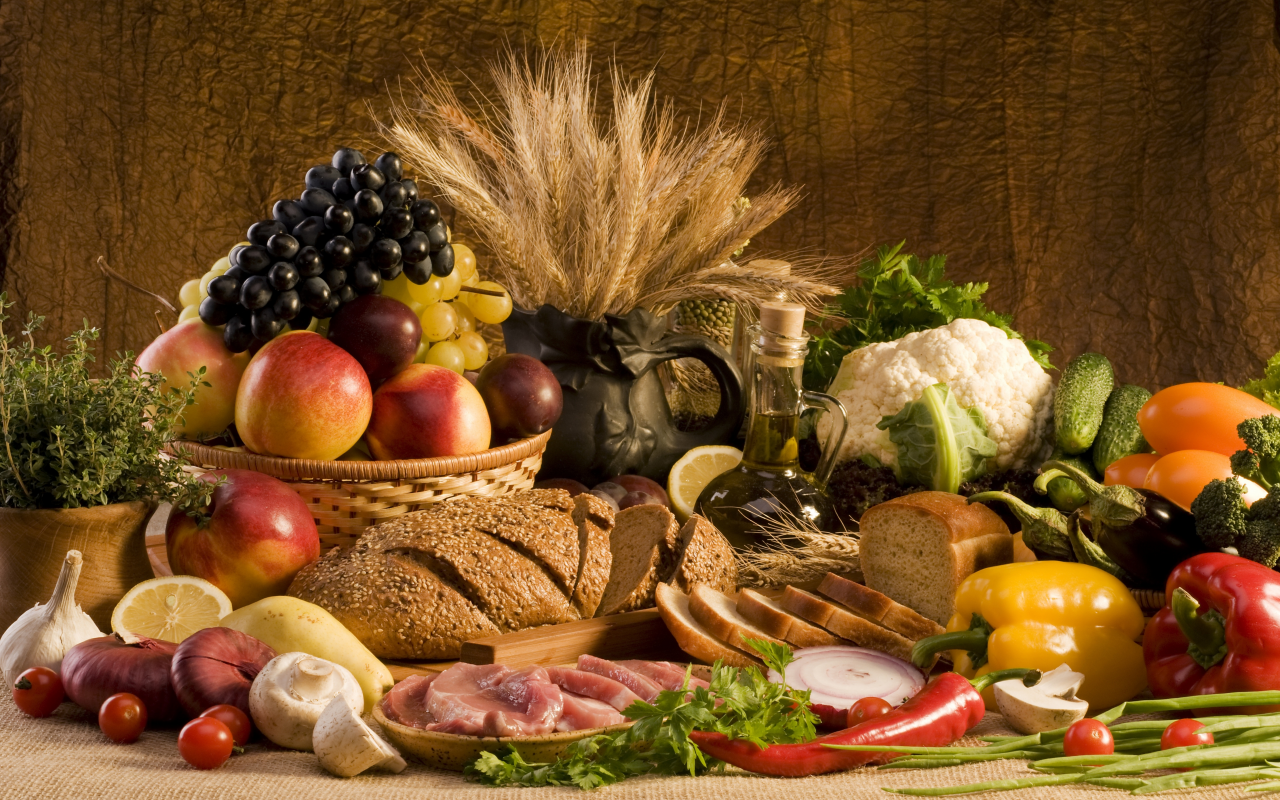 чеснок, огурцы, Еда, хлеб, лук, мясо, овощи, перец