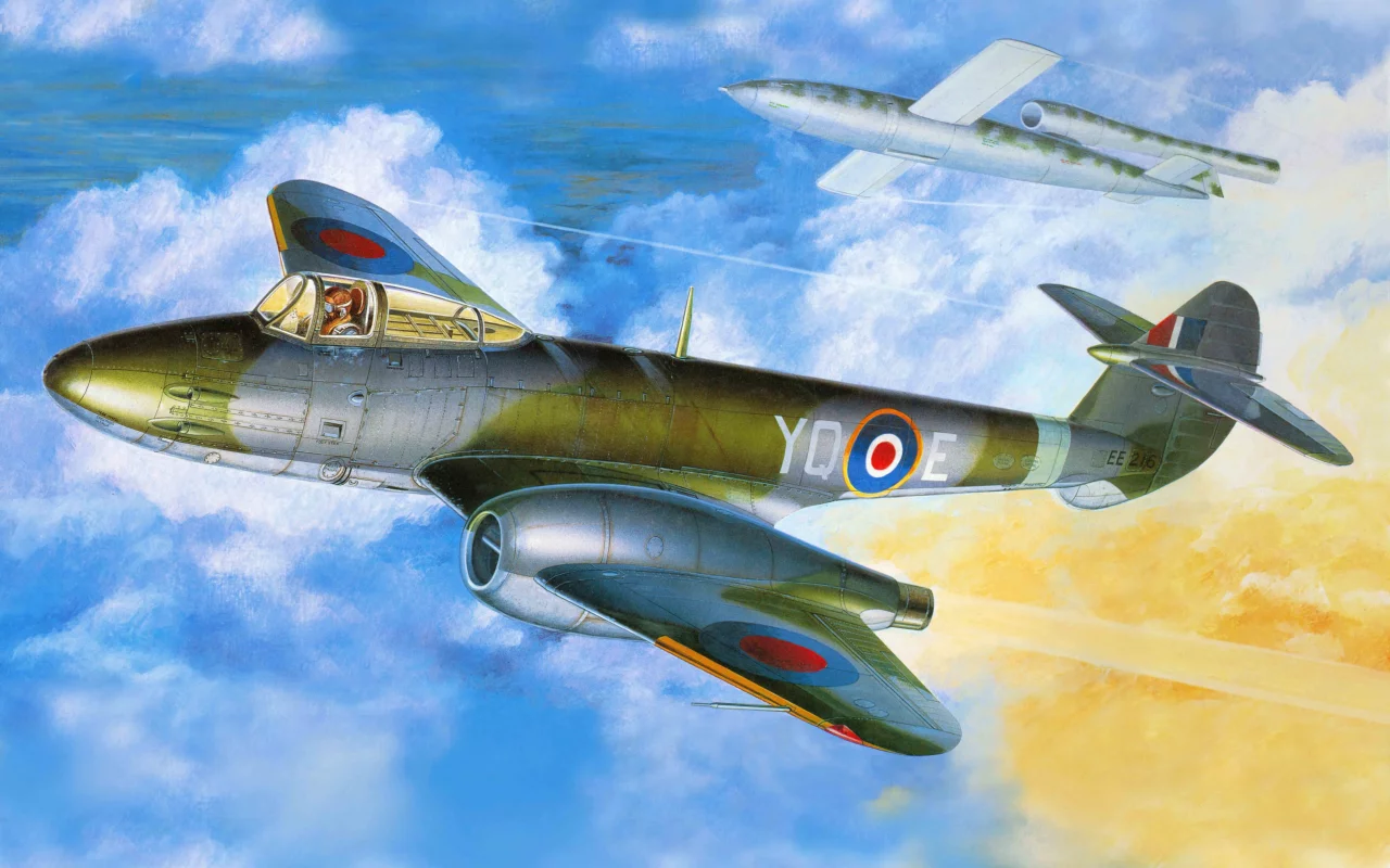 Арт, первый, самолет, gloster meteor, f-1, британский