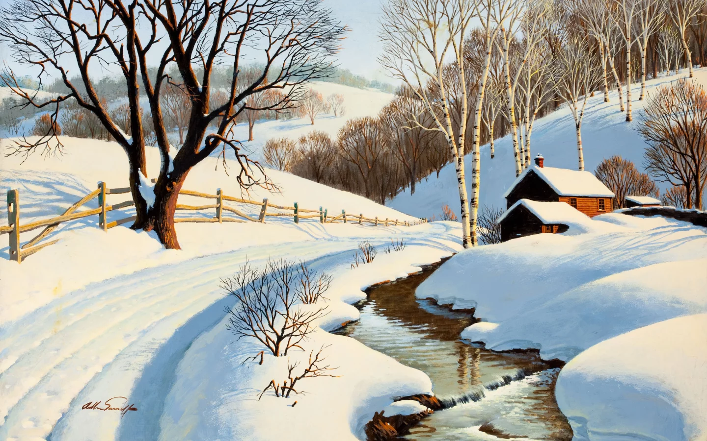 живопись, arthur saron sarnoff, Winter blanket, ручей, река, зима, дом