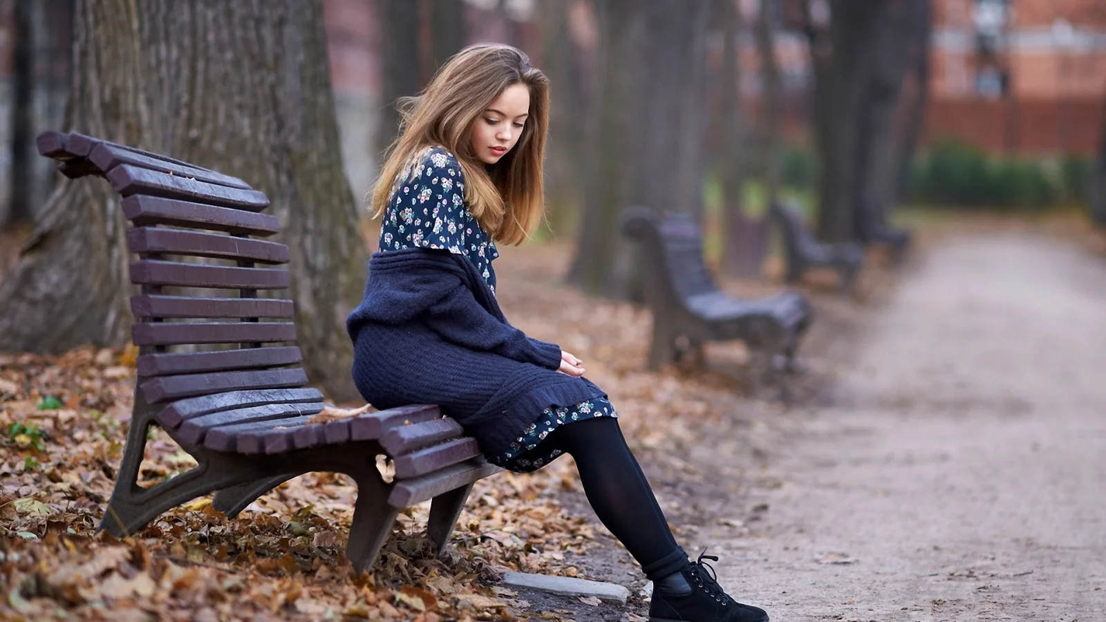 лавочка, Поздняя осень, опавшая листва, парк