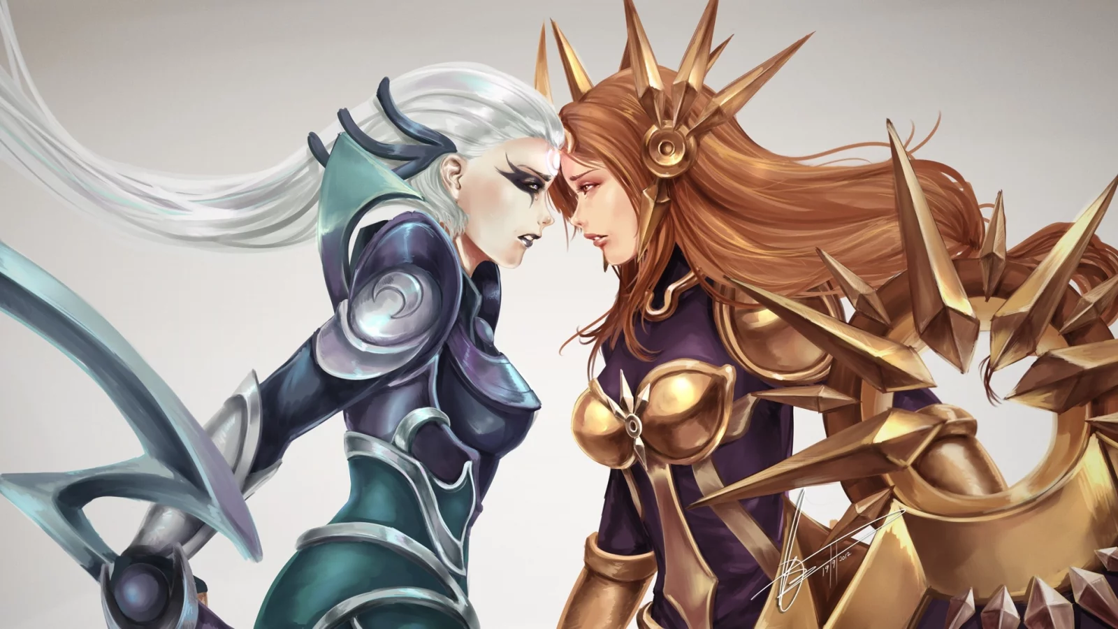 лицом к лицу, diana, leona, Арт, броня, league of legends, девушки