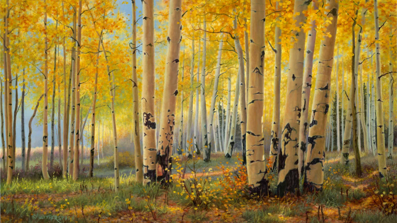 золотая осень, искусство, pillars of gold, живопись, Kay witherspoon