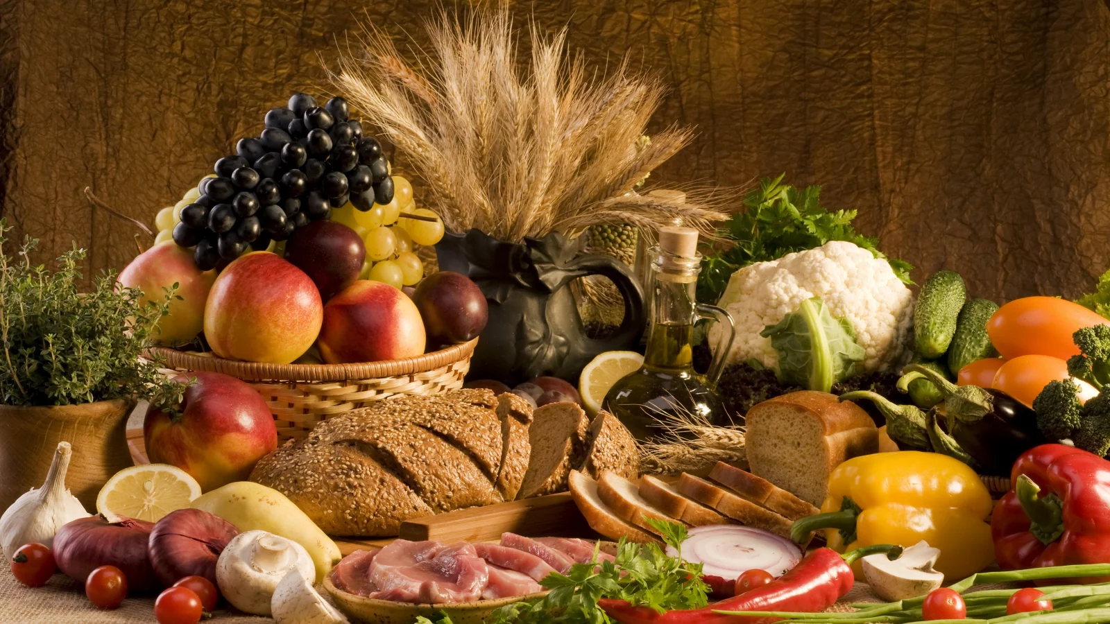 чеснок, огурцы, Еда, хлеб, лук, мясо, овощи, перец