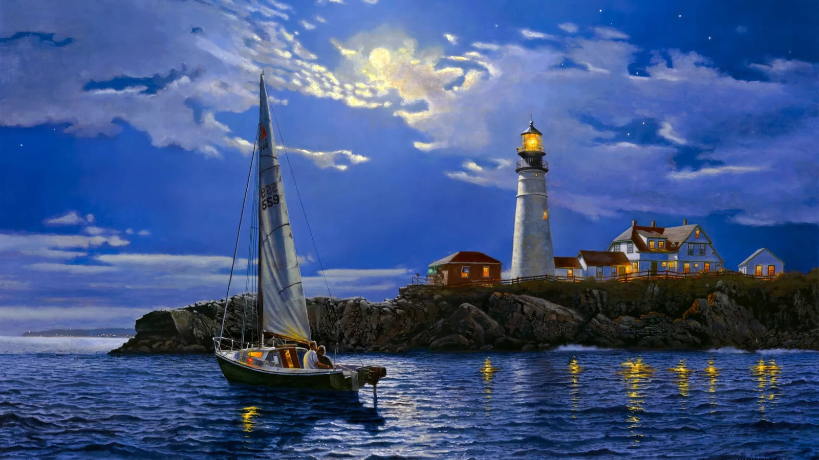 арт, море, пейзаж, serenity, Dave barnhouse, маяк, яхта