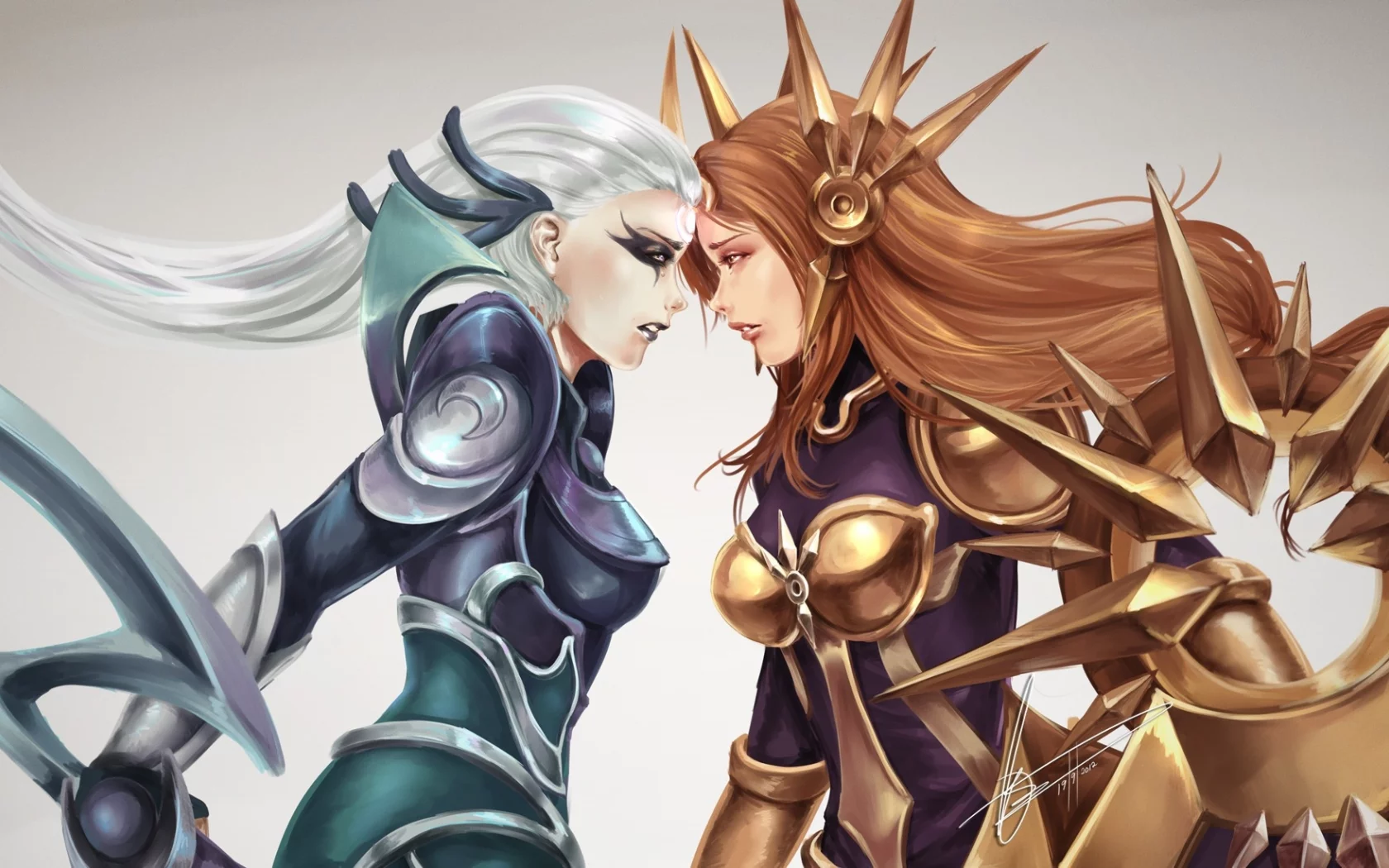 лицом к лицу, diana, leona, Арт, броня, league of legends, девушки