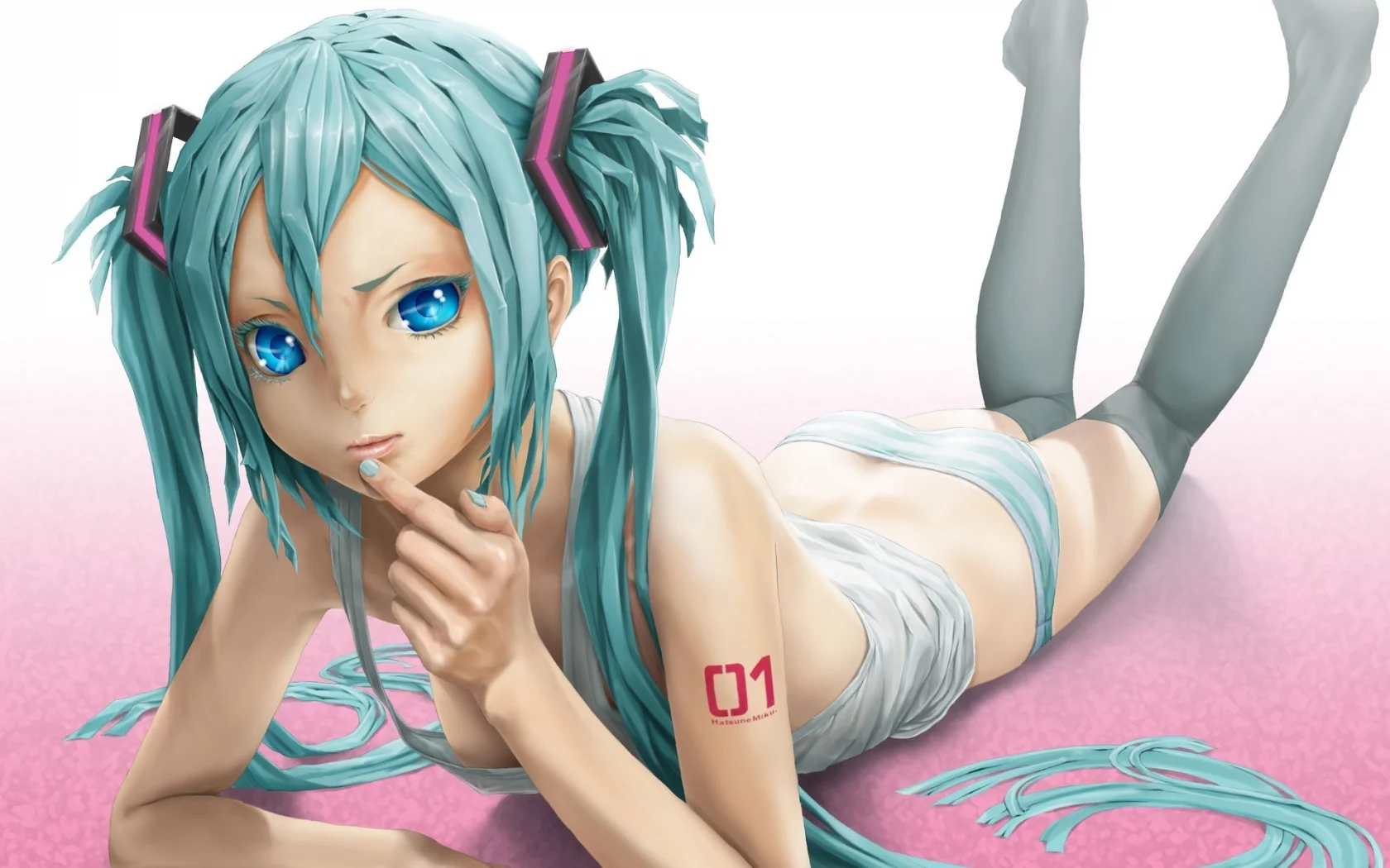 девушка, трусики, hatsune miku, голубые глаза, лёжа, Вокалоид