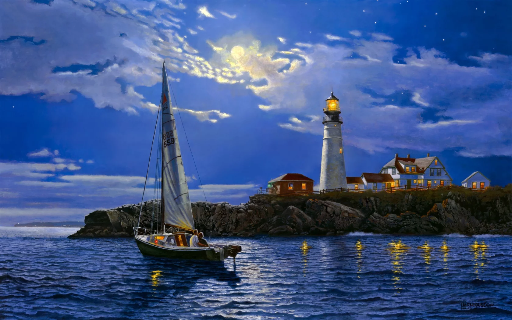арт, море, пейзаж, serenity, Dave barnhouse, маяк, яхта