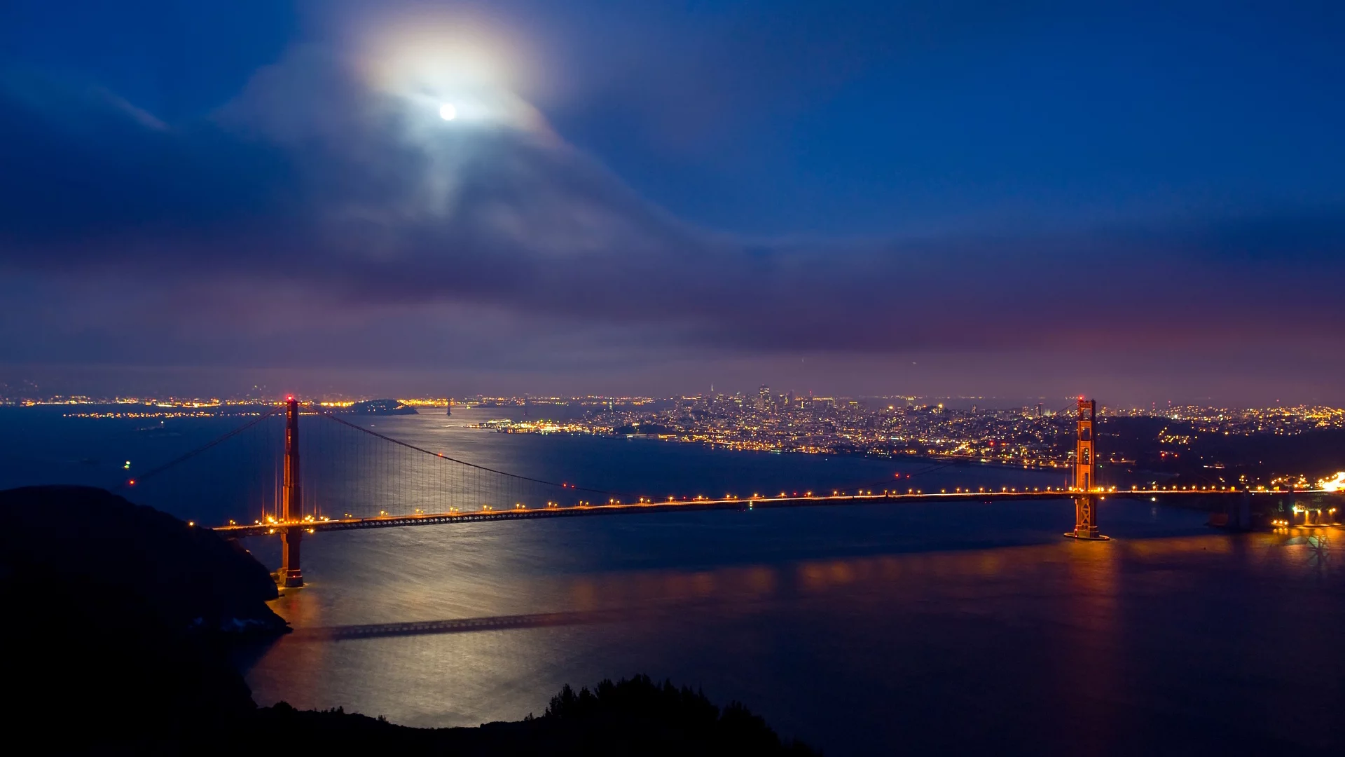 san francisco, мост, облака, луна, Golden gate