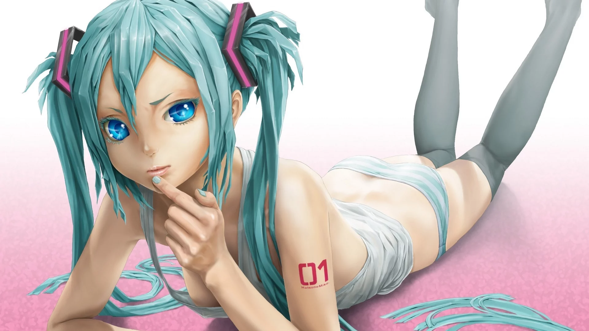 девушка, трусики, hatsune miku, голубые глаза, лёжа, Вокалоид