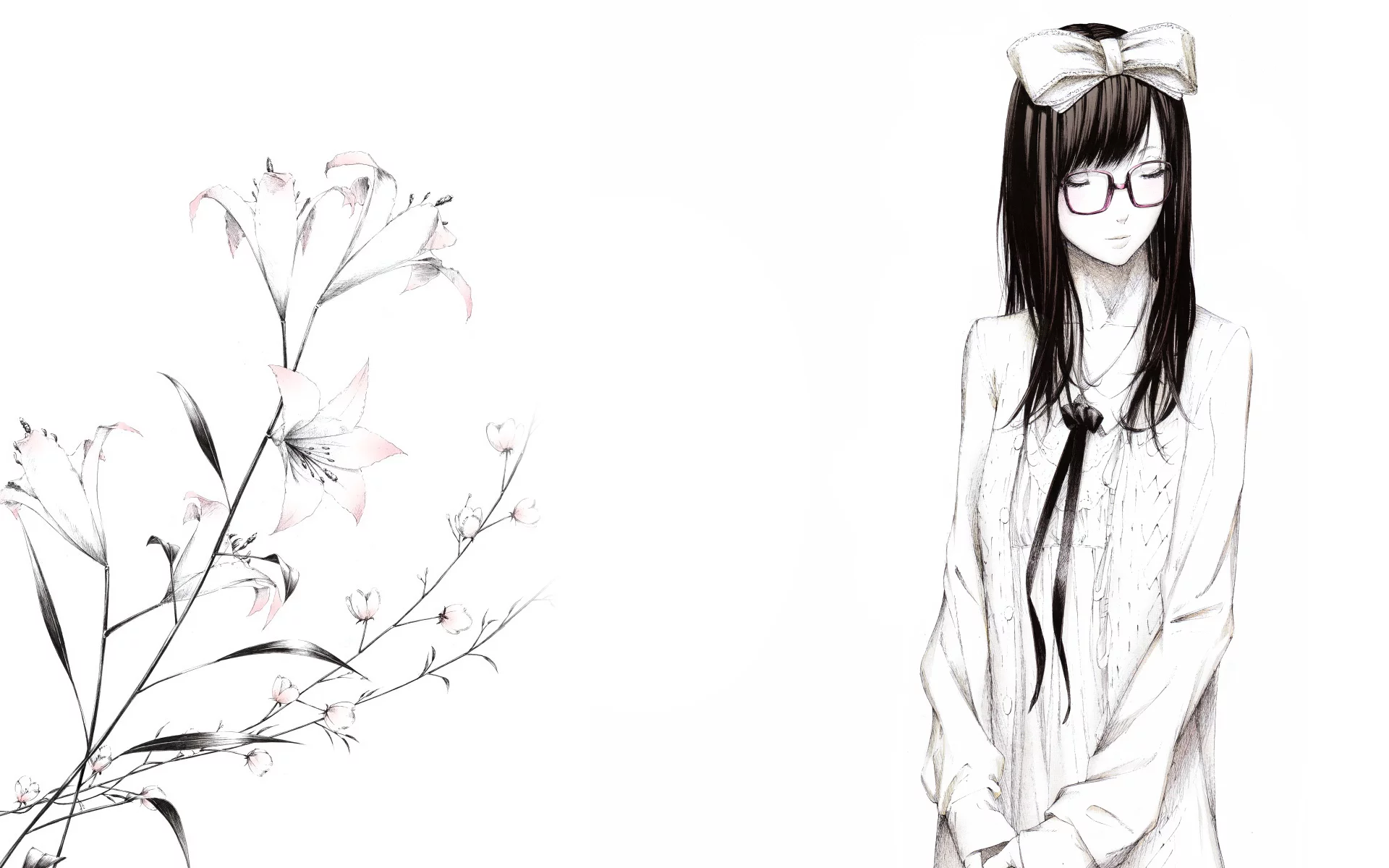 рисунок, очки, бант, цветы, Art, лилии, девушка, sawasawa