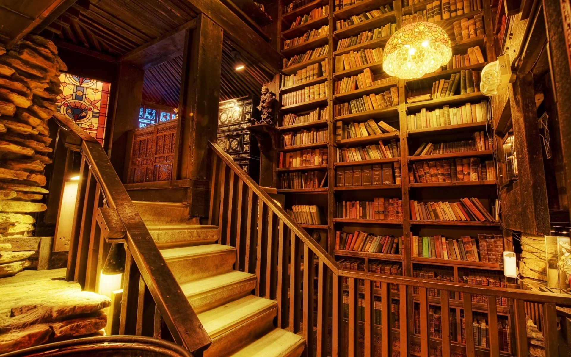 светильники, витраж, книги, лестница, Библиотека
