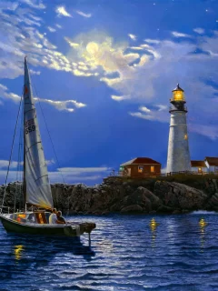 арт, море, пейзаж, serenity, Dave barnhouse, маяк, яхта