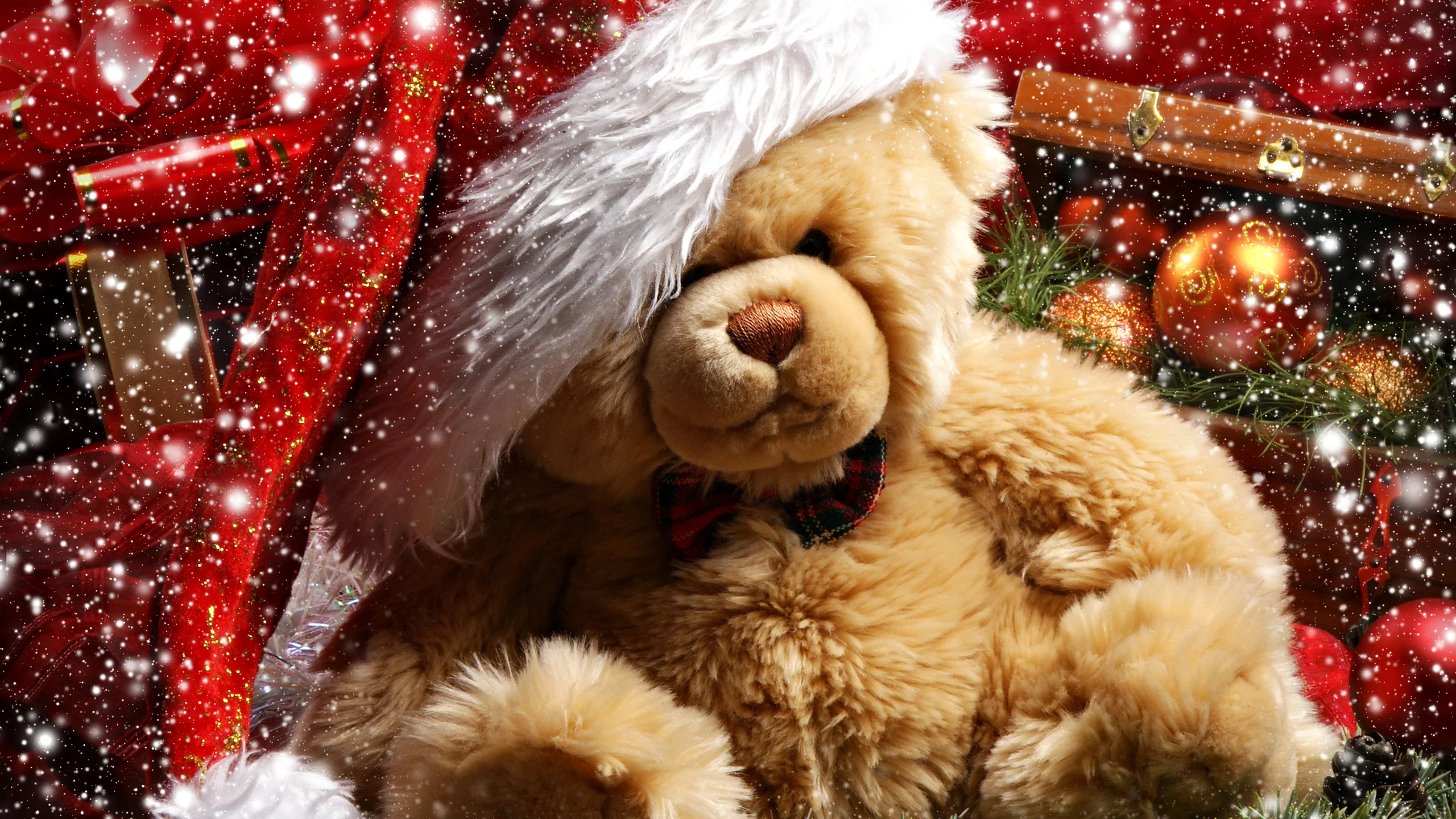шишка, подарок, ветка елки, шары, снег, украшения, Teddy bear