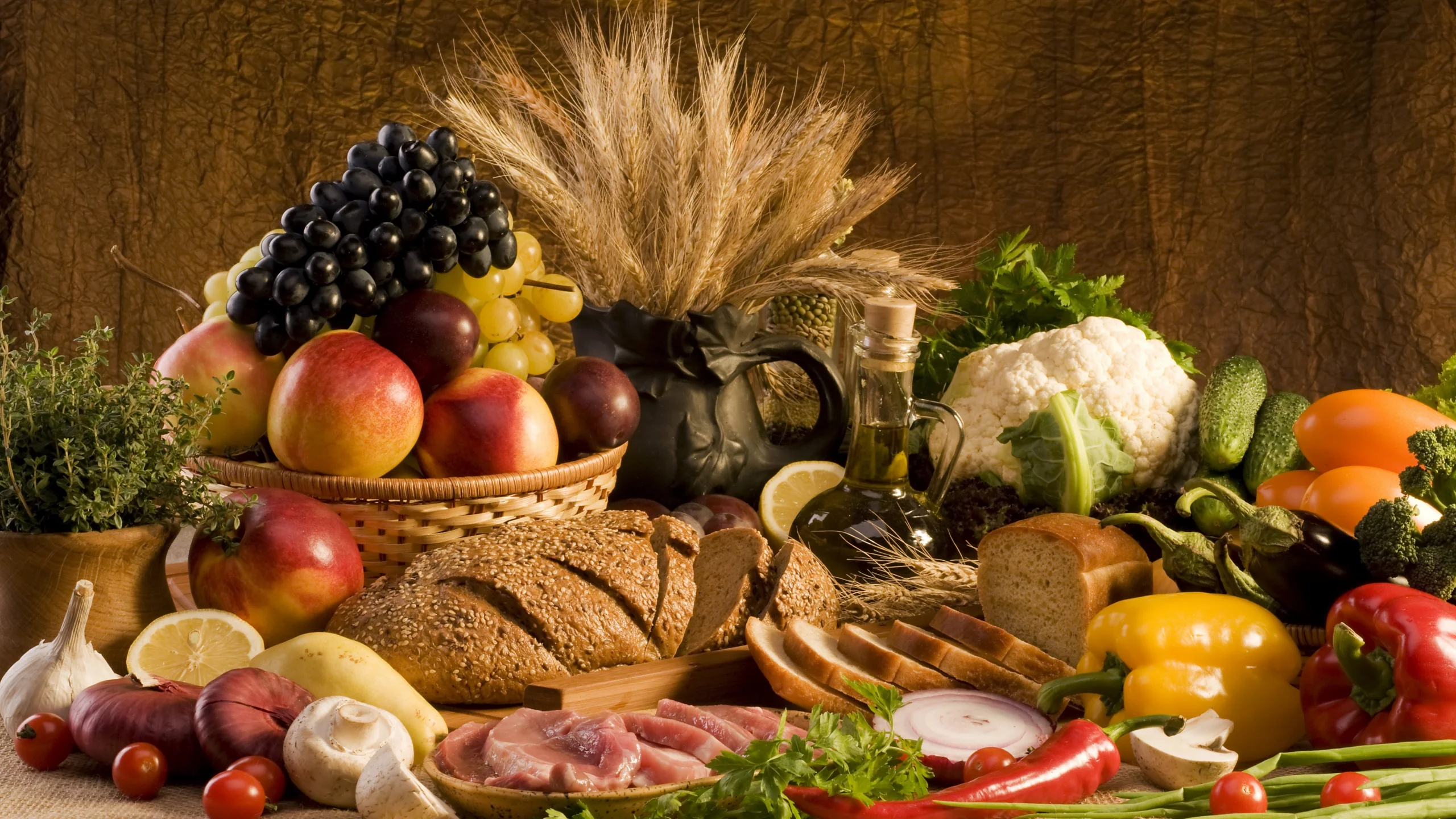 чеснок, огурцы, Еда, хлеб, лук, мясо, овощи, перец