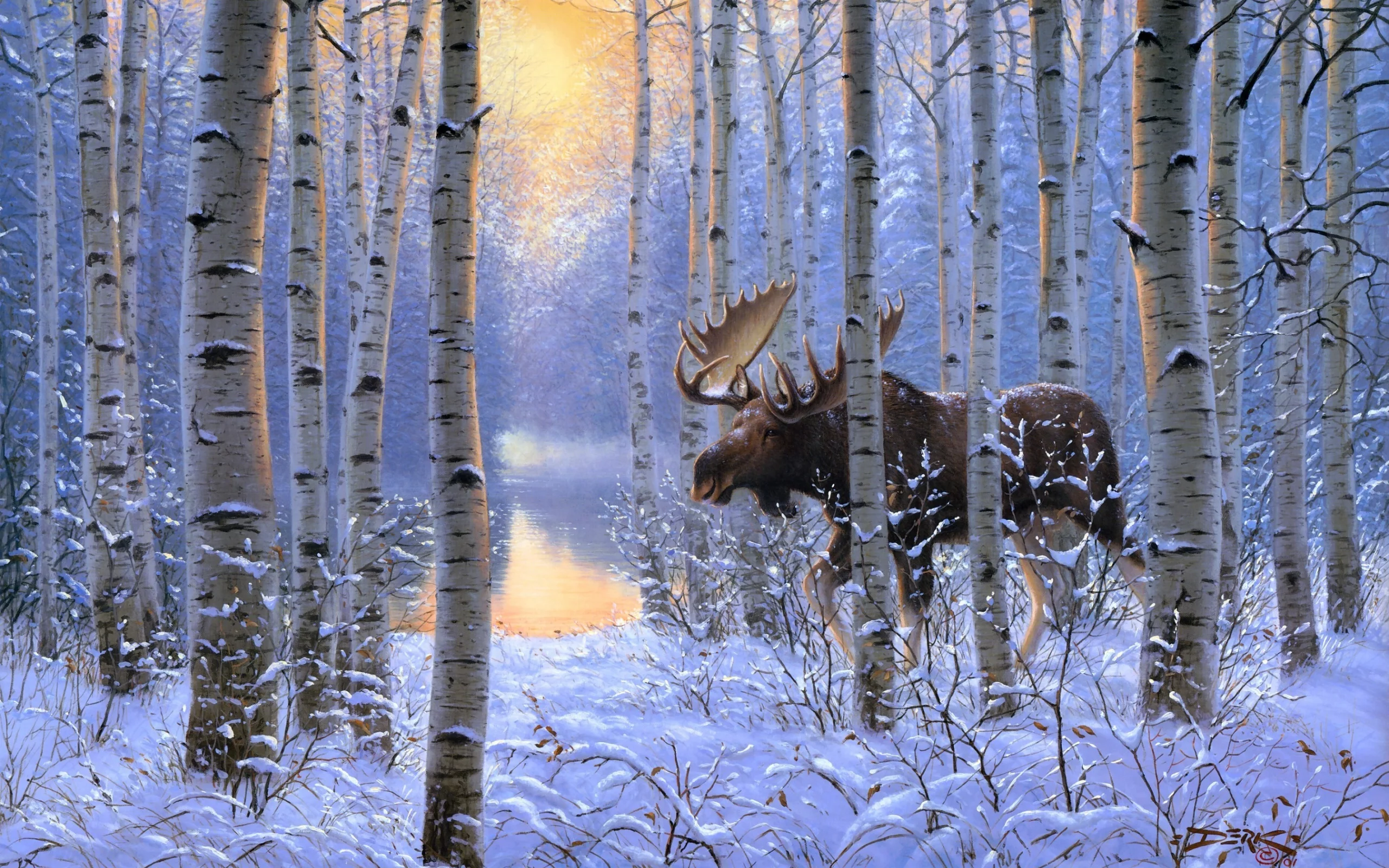 животные, лес, on the move, живопись, снег, зима, лось, Derk hansen