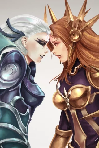 лицом к лицу, diana, leona, Арт, броня, league of legends, девушки