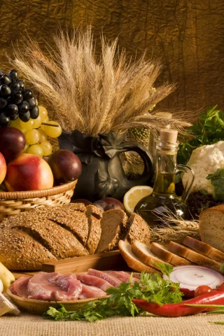 чеснок, огурцы, Еда, хлеб, лук, мясо, овощи, перец