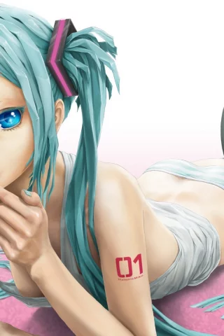 девушка, трусики, hatsune miku, голубые глаза, лёжа, Вокалоид