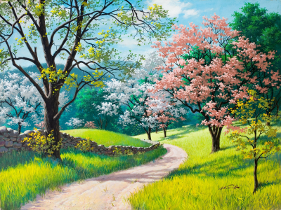 Spring blossoms, живопись, весна, arthur saron sarnoff, деревья в цвету