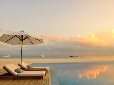 Мальдивы, рай, закат, бассейн, романтика, шезлонг, океан