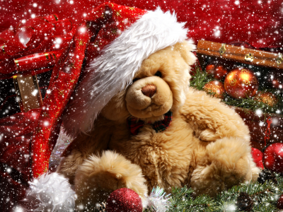 шишка, подарок, ветка елки, шары, снег, украшения, Teddy bear