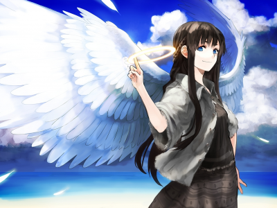 нимб, облака, Арт, девушка, море, ангел, крылья, chirigami-san