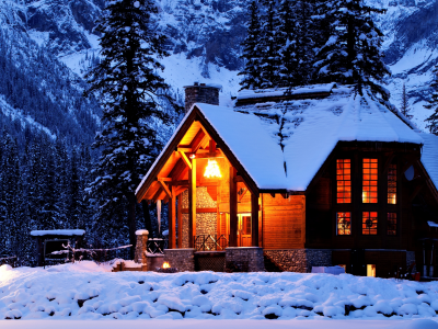 зима, деревья, природа, горы, ночь, Дом, снег, домик, свет