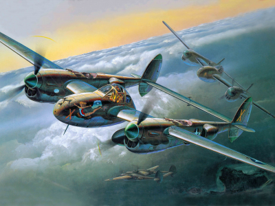 ww2., p-38j, Арт, lightning, самолет, истребитель, бомбардировщик
