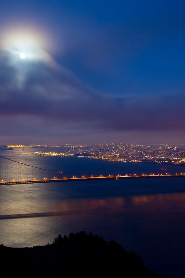 san francisco, мост, облака, луна, Golden gate