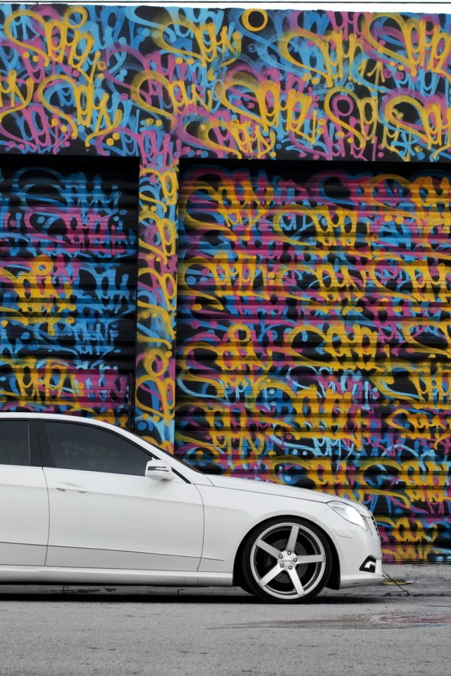 тюнинг, сбоку, граффити, белый, e class, Mercedes, тонировка